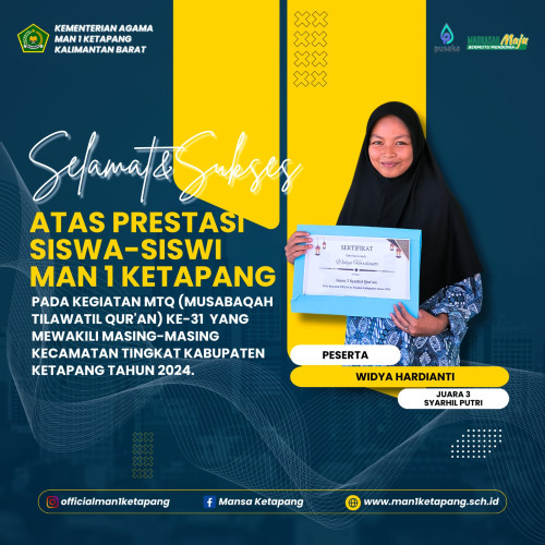 Widya Hardianti Terima Sertifikat Penghargaan atas Prestasi Juara 3 Cabang Syarhil Qur’an di MTQ Ke-31 Tingkat Kabupaten Ketapang